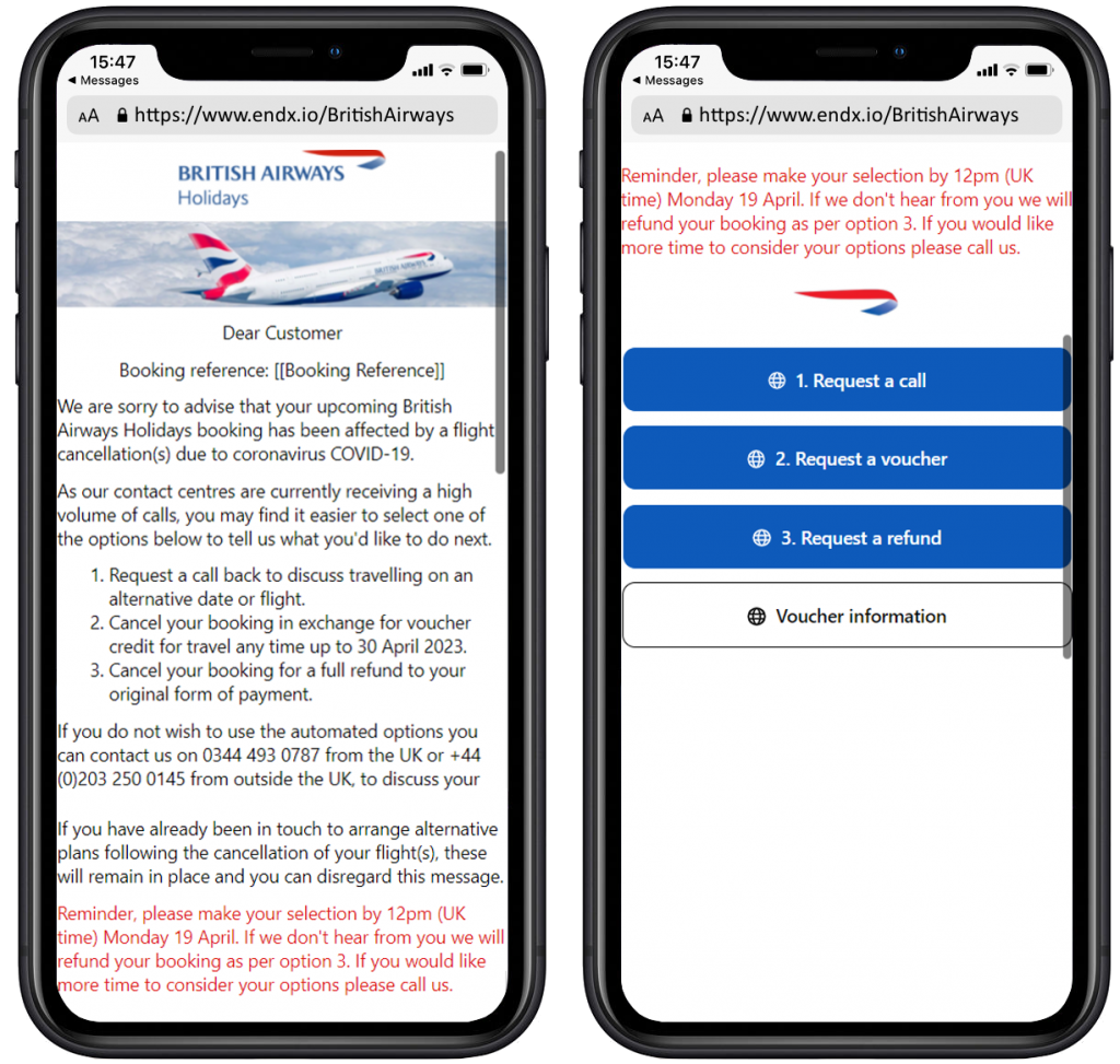 British Airways Holidays esempio messaggio